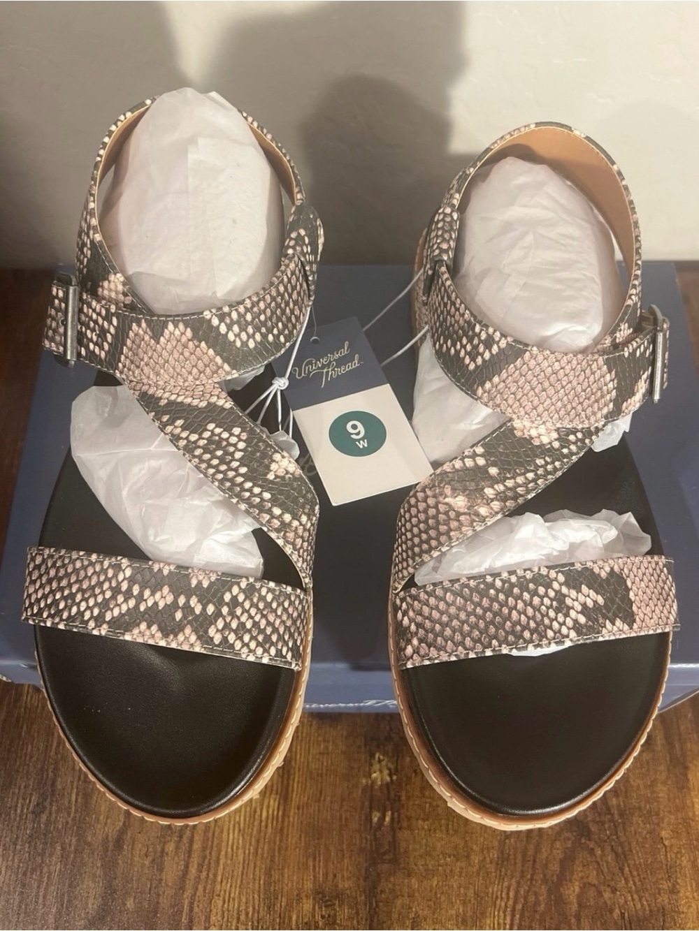 Universal Thread Pink and Black Snake-Print Ankle Strap Sandals Size 9W